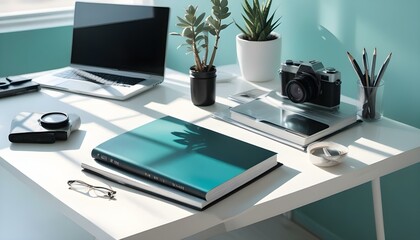 Naklejka premium Black book mockup with a lagurus and workspace accessories on a white table.