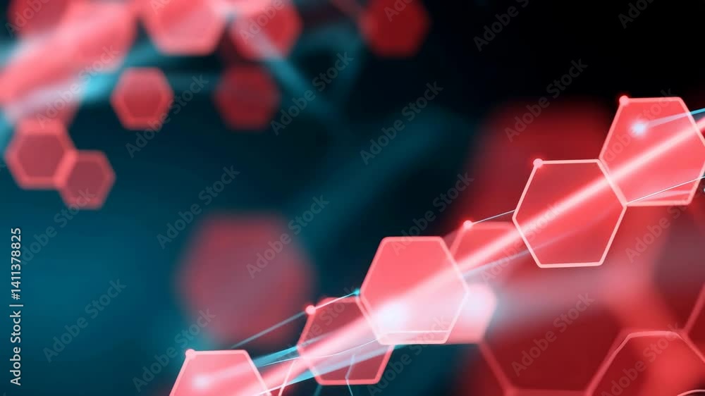 Poster glowing red hexagonal shapes are interconnected by bright lines against a dark teal and black gradie