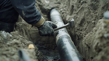 Plumber installing a large water pipe in an underground trench. Featuring problem-solving and expertise