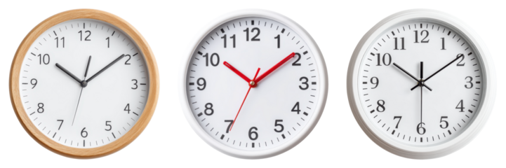 Three analog clocks with distinct designs, showcasing varying styles and color accents for timekeeping.