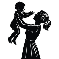 Fototapeta premium Silhouette of a Mother Joyfully Lifting Her Baby