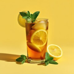 Fototapeta premium A glass of lemon iced tea with mint leaves and lemon slices on a yellow background
