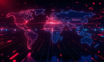 Fototapeta premium A world map surrounded by neon blue and red lines.