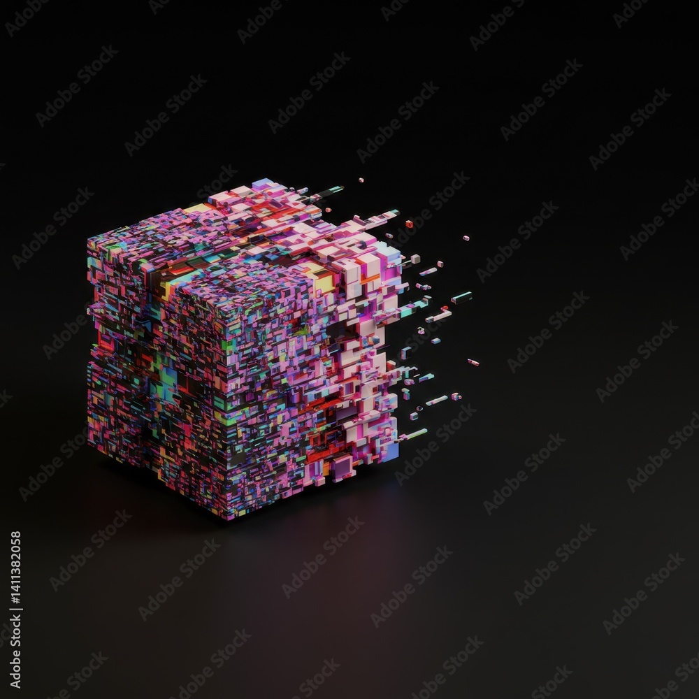 Aufkleber abstract colorful cube disintegrating into smaller fragments: a 3d digital art piece