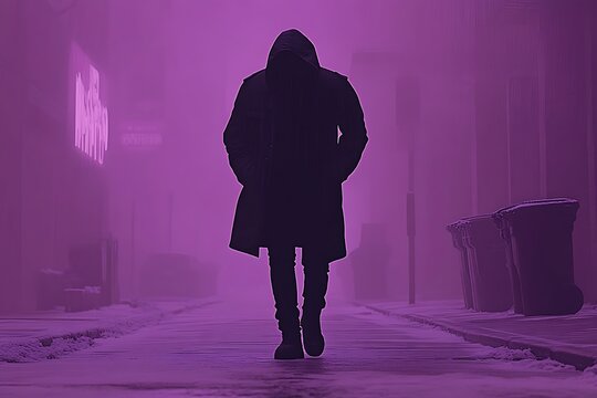 Purple-toned silhouette of a hooded figure walking a city alley. - Powered by Adobe