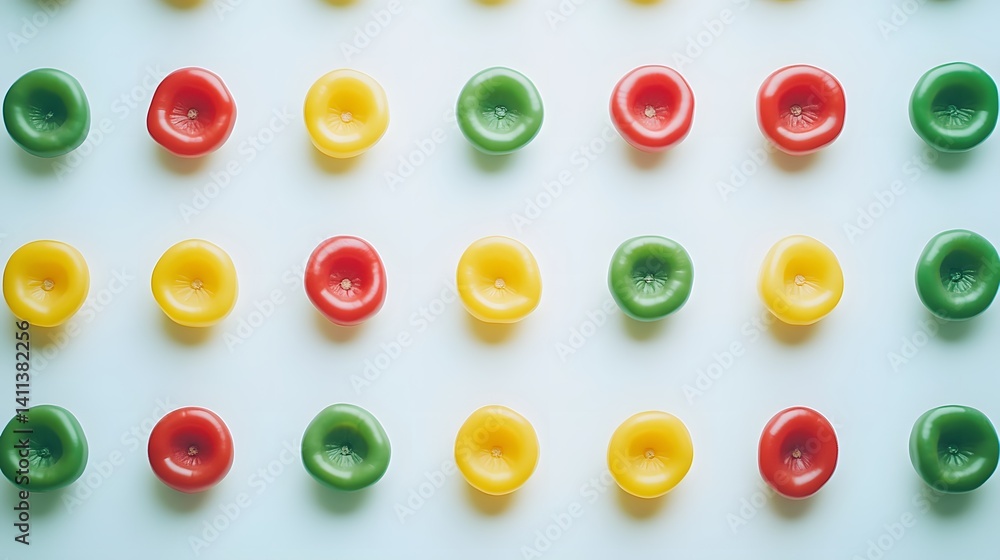 Poster colorful round objects arranged in a repeating pattern on a white background. red, yellow, and green