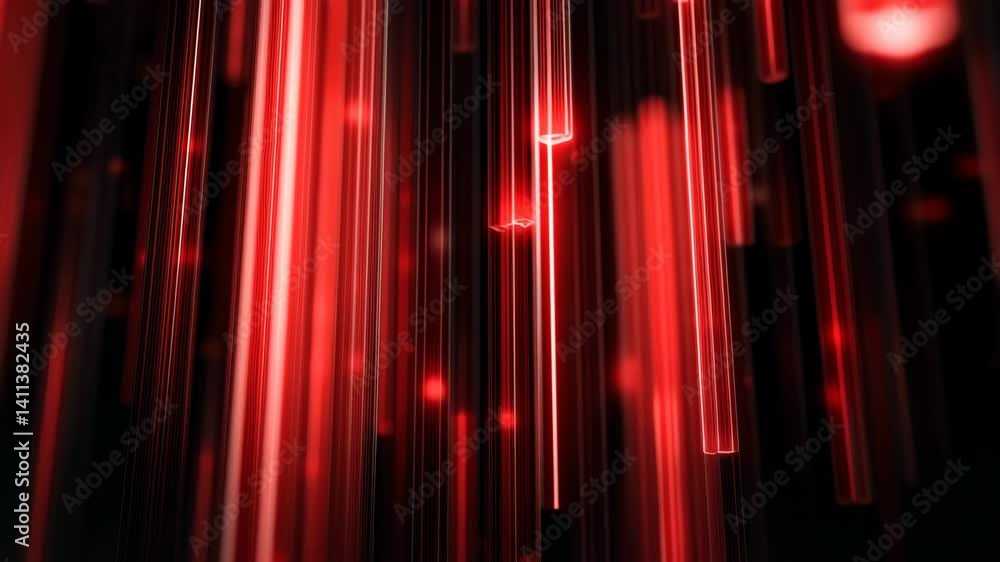 Poster abstract vertical streaks of bright red light descend against a dark background, creating a dynamic 