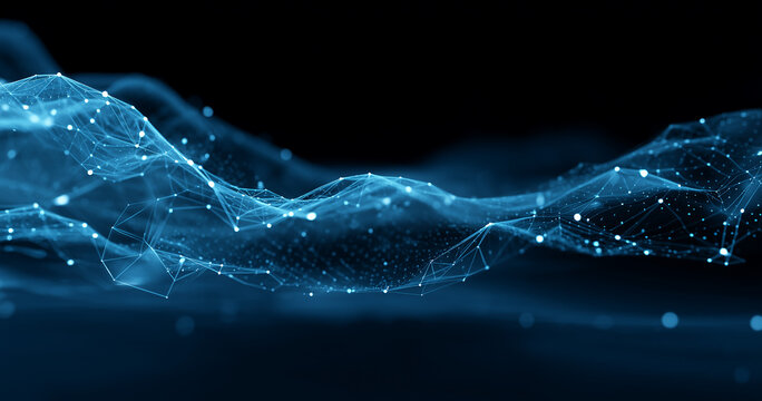 Abstract digital wave form on low polygonal blue background for cyberspace design. Futuristic digital data flow. Tech, science and artificial intelligence concepts, modern design for business.