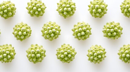 A flat lay image showcasing multiple romanesco cauliflowers arranged in a repeating pattern on a white background. The vibrant green florets create a visually appealing texture and symmetrical design.