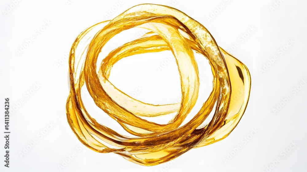 Poster abstract image of swirling, golden liquid forming concentric circles against a white background. the