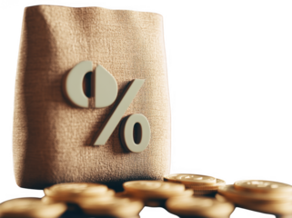 golden bag with percentage symbol represents financial growth and investment opportunities, surrounded by shiny coins that evoke sense of wealth and prosperity