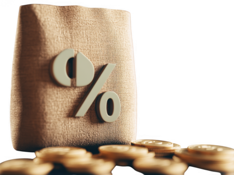 golden bag with percentage symbol represents financial growth and investment opportunities, surrounded by shiny coins that evoke sense of wealth and prosperity