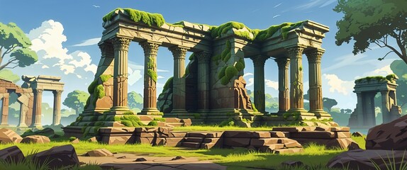 ancient temple ruins covered in moss 3d render scene video game concept background illustration digital artwork