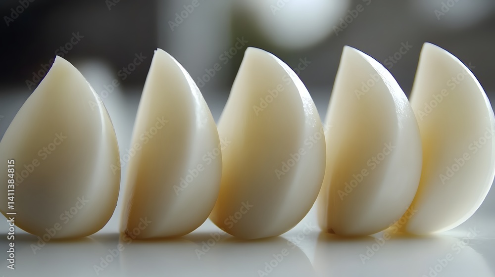 Poster close-up of five garlic cloves, neatly arranged in a row, showcasing their creamy white color and sm
