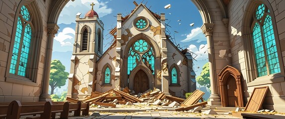 crumbling church with shattered stained glass 3d render scene video game concept background illustration digital artwork