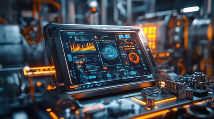 Futuristic AI control panel with a transparent screen showing real-time analytics, glowing in neon light amid industrial machinery.

