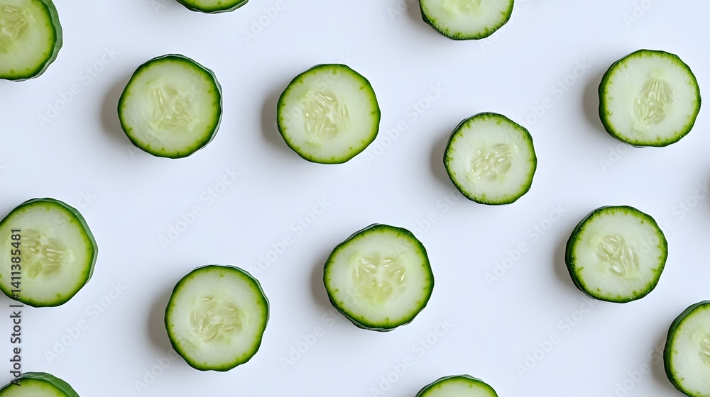 Poster slices of fresh green cucumbers arranged in a repeating pattern on a white background. perfect for h