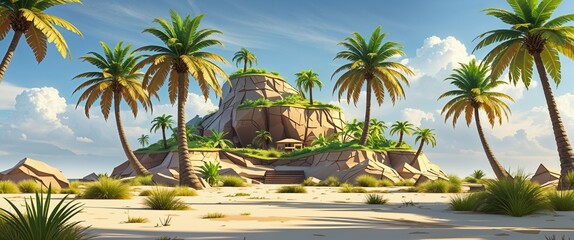 deserted island with overgrown palm trees 3d render scene video game concept background illustration digital artwork