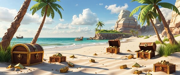 deserted beach with treasure scattered sand 3d render scene video game concept background illustration digital artwork