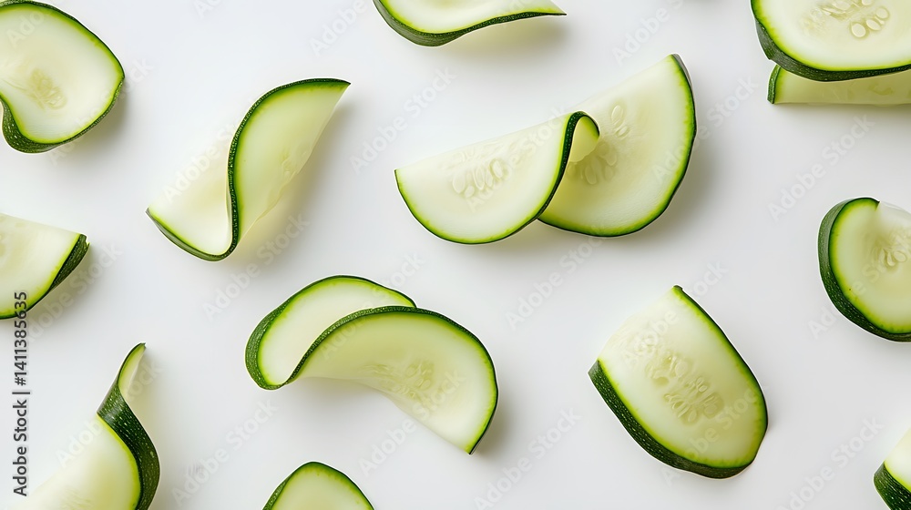 Poster slices of fresh zucchini arranged on a white background. the zucchini slices are arranged in a visua