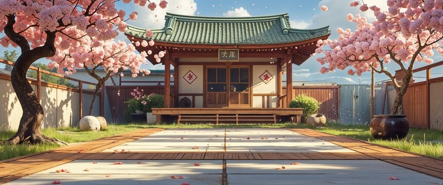 dojo training ground cherry blossoms falling 3d render scene video game concept background illustration digital artwork