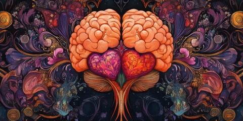 Surreal artwork of a brain and heart intertwined with vibrant, abstract patterns.