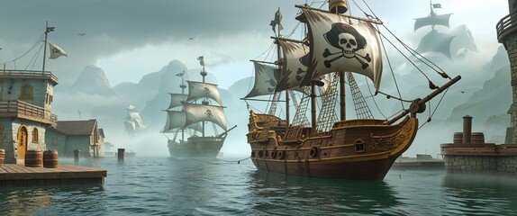 Fototapeta premium pirate ship anchored in foggy harbor 3d render scene video game concept background illustration digital artwork