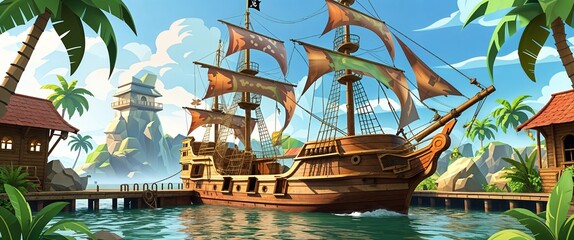pirate ship docked at a jungle port 3d render scene video game concept background illustration digital artwork