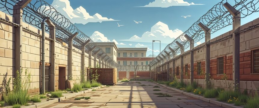 prison yard razor wire perimeter wall 3d render scene video game concept background illustration digital artwork