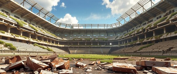 ruined stadium with crumbling bleachers 3d render scene video game concept background illustration digital artwork