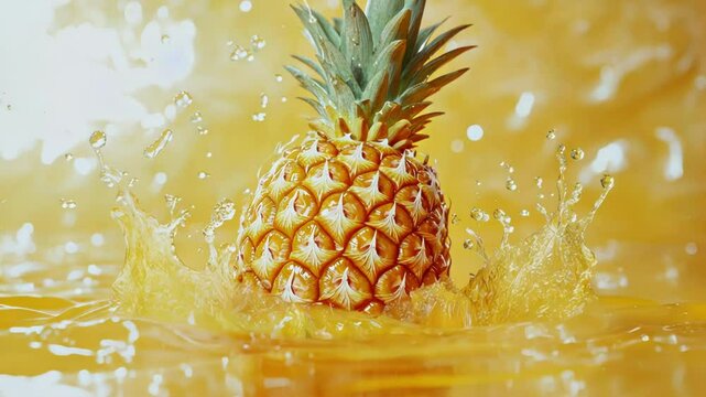 A vibrant pineapple splashing in yellow juice, capturing freshness and vitality.
