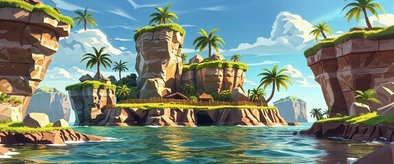 tropical island with rocky cliffs and caves 3d render scene video game concept background illustration digital artwork