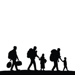 Silhouette Vector Illustration Of Refugee Family Walking With Belongings And Hopeful Future