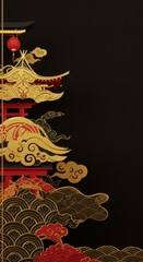 Elegant 3D Render of Chinese Pagoda with Gold and Red Accents Against a Black Background