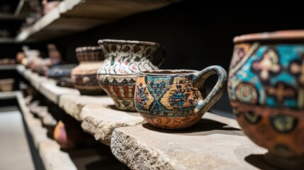 Fototapeta premium Ancient pottery display on stone shelves in a museum