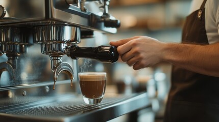 A barista brewing espresso with a machine in a coffee shop. Featuring precision and skill
