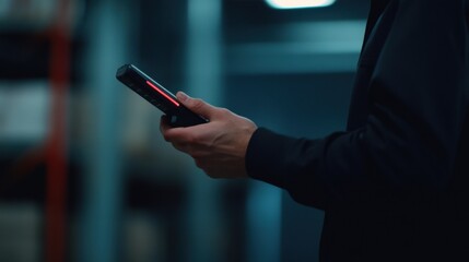 Warehouse worker checking inventory levels on a handheld scanner. Featuring technology and inventory management