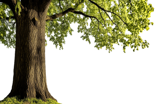 Towering Oak in Nature's Embrace: A majestic oak tree stands tall, its thick, textured bark a testament to time, as vibrant green leaves bask in the sunlight, against the open expanse of nature.
