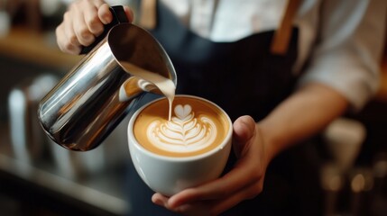 A barista expertly pouring latte art in a modern café. Featuring skill and craftsmanship