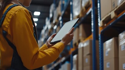 Fototapeta premium Warehouse worker checking stock levels on a tablet. Featuring organization and efficiency
