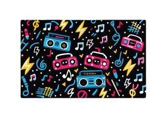 80s Music Seamless Pattern – Neon Boombox and Cassette Design on Black