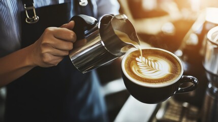A barista pouring steamed milk into espresso at a café. Featuring precision and artistry