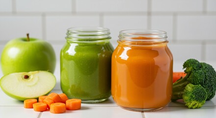 Healthy Homemade Baby Food in Glass Jars: Green Apple Spinach Smoothie and Carrot Puree with Fresh Ingredients