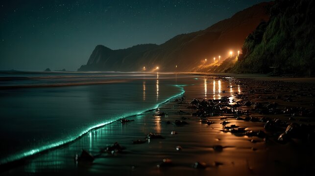 Serene nighttime bioluminescent waves along coastal shoreline
