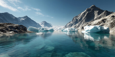 Obraz premium A Breathtaking View of a Crystal-Clear Glacier Lake Wallpaper Background for Nature Retreat Promotions, Scenic Wallpapers, or Travel Branding