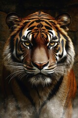 Fototapeta premium Majestic Tiger Portrait Intense Gaze, Orange and Black Stripes, Dark Background