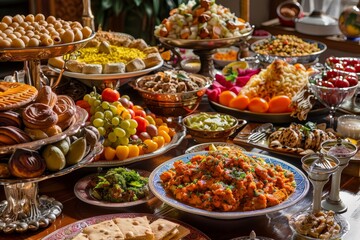 Obraz premium An overflowing table with a variety of traditional dishes and fresh produce, A table overflowing with delicious food