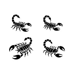 Set of Four Bold Black Scorpion Animal Graphic Illustrations for Danger or Zodiac Symbol
