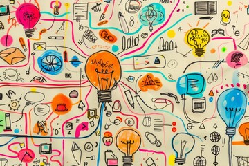 Mind map with light bulb central ideas, colorful lines, doodles, symbols, A mind map filled with interconnected ideas and concepts related to a specific topic