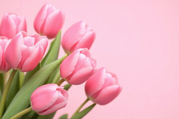 pink tulips in a vase on a pink background